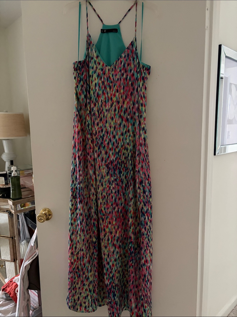 Leslie Fay Multicolor Maxi Dress with Teal shelf bra built in.